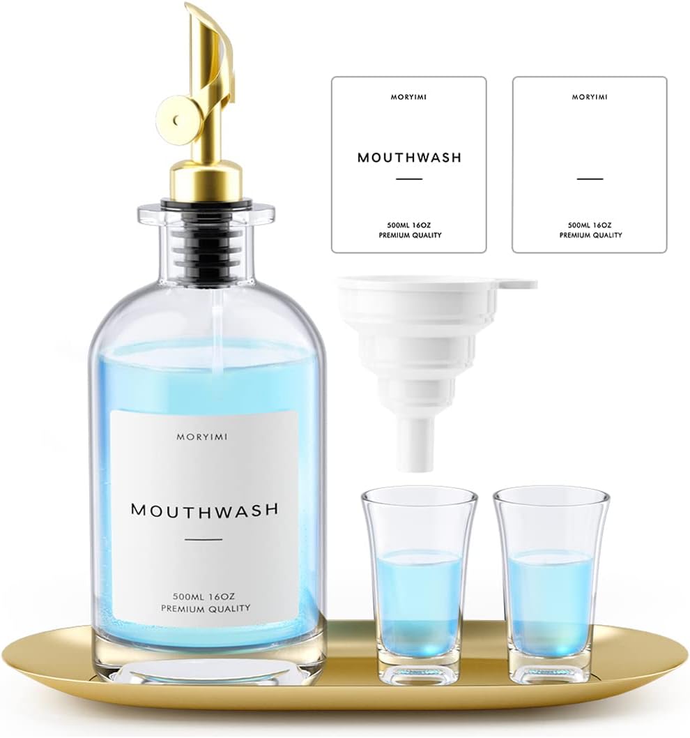 Dispensador Enjuague Bucal Moryimi, Vidrio 473ml para Baño, Botella Despachador con Pico Vertedor, Set Reutilizable con Vasos y Bandeja Dorada