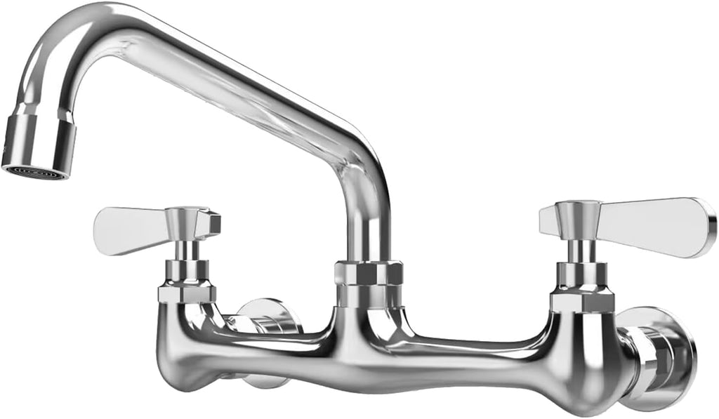 Grifo de Cocina BWE de Pared | Comercial para Fregadero | Surtidor Giratorio 8 pulgadas | Doble Manija | Cromo