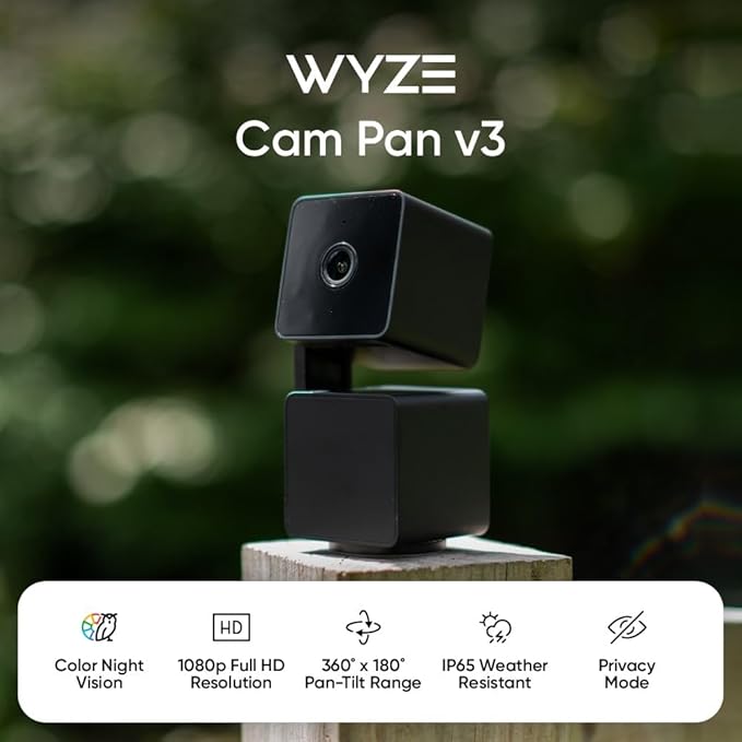 WYZE Cam Pan v3 IP65 1080P 360° Pan/Tilt/Zoom WiFi Cámara de seguridad inteligente para el hogar, seguimiento de movimiento para bebé/mascota, visión nocturna a color, funciona con Alexa y Google Assistant, configuración gratuita de expertos