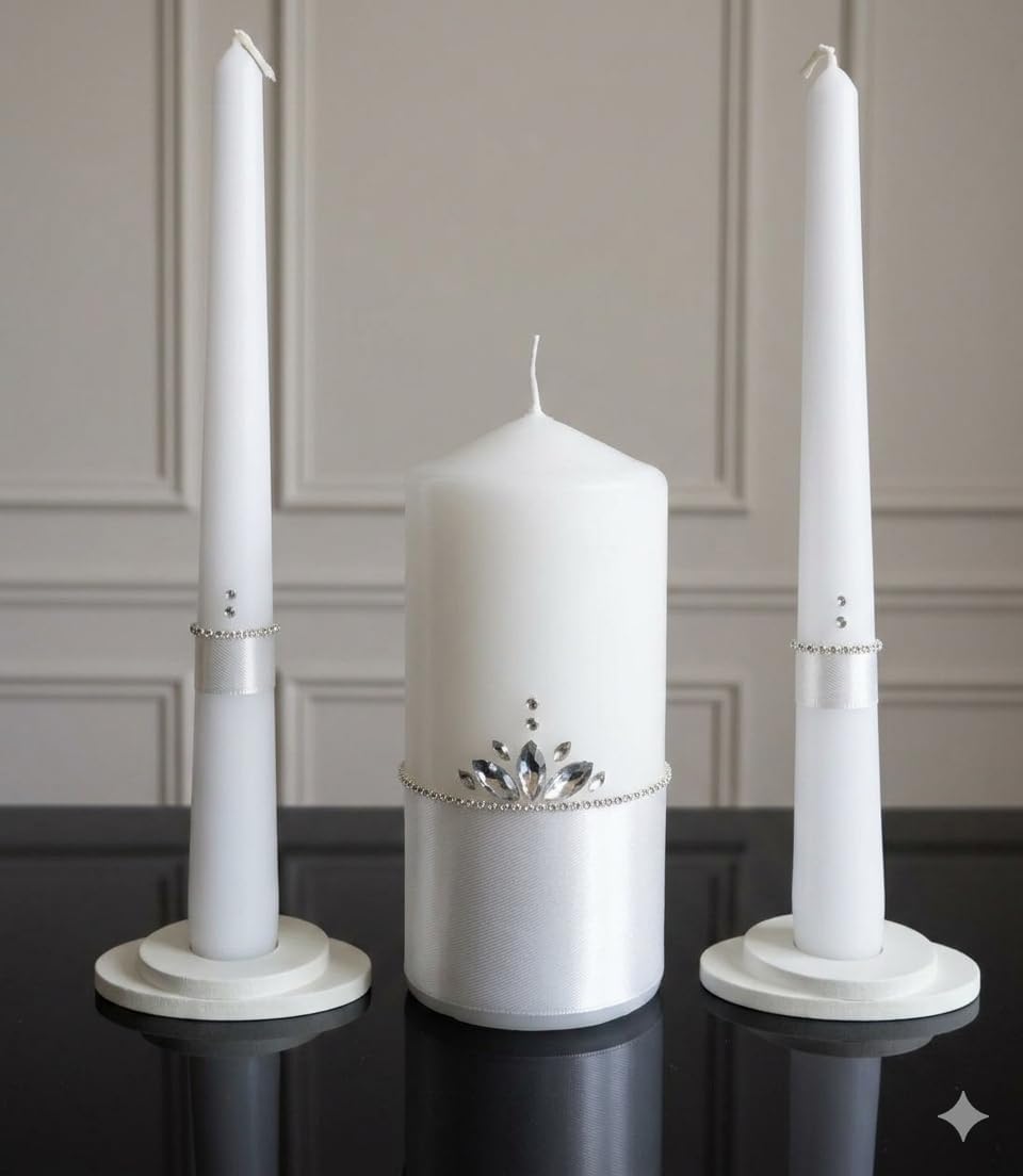 Magik Life Unity Candle Set - Wedding Ceremony & Reception Candle – 6” Pillar & Two 10” Taper Candles – Long Burning Unity Candles for Marriage Ritual – Handmade in USA –White |Classic|Crown