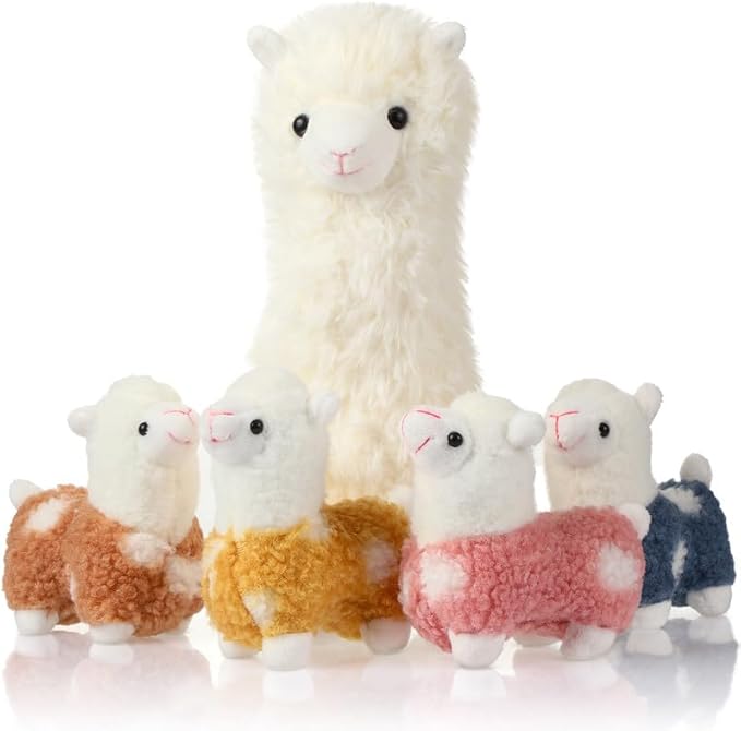 Civaner Animal de peluche de llama con 4 peluches de llama bebé, lindo juego de peluche de alpaca suave Kawaii para niños y niñas, graduación, Navidad, fiesta de cumpleaños, donación benéfica para decoración del hogar (blanco)