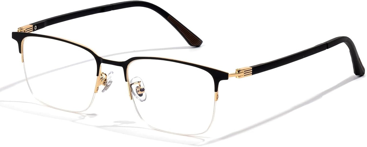 Lentes ZanyLen con Filtro de Luz Azul para Hombre | Anteojos para Computadora y Gaming | Montura Metalica Semi al Aire Negro/Dorado, Antirreflejo UV400