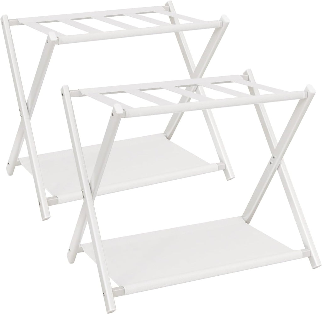 USADO-INCLUYE UNA SOLA UNIDAD-Portamaletas Plegable IBUYKE para Todo Tamano de Maleta | Soporte con Estante de Tela | Facil de Armar para Dormitorio, Sala y Hotel | Blanco TLR002W