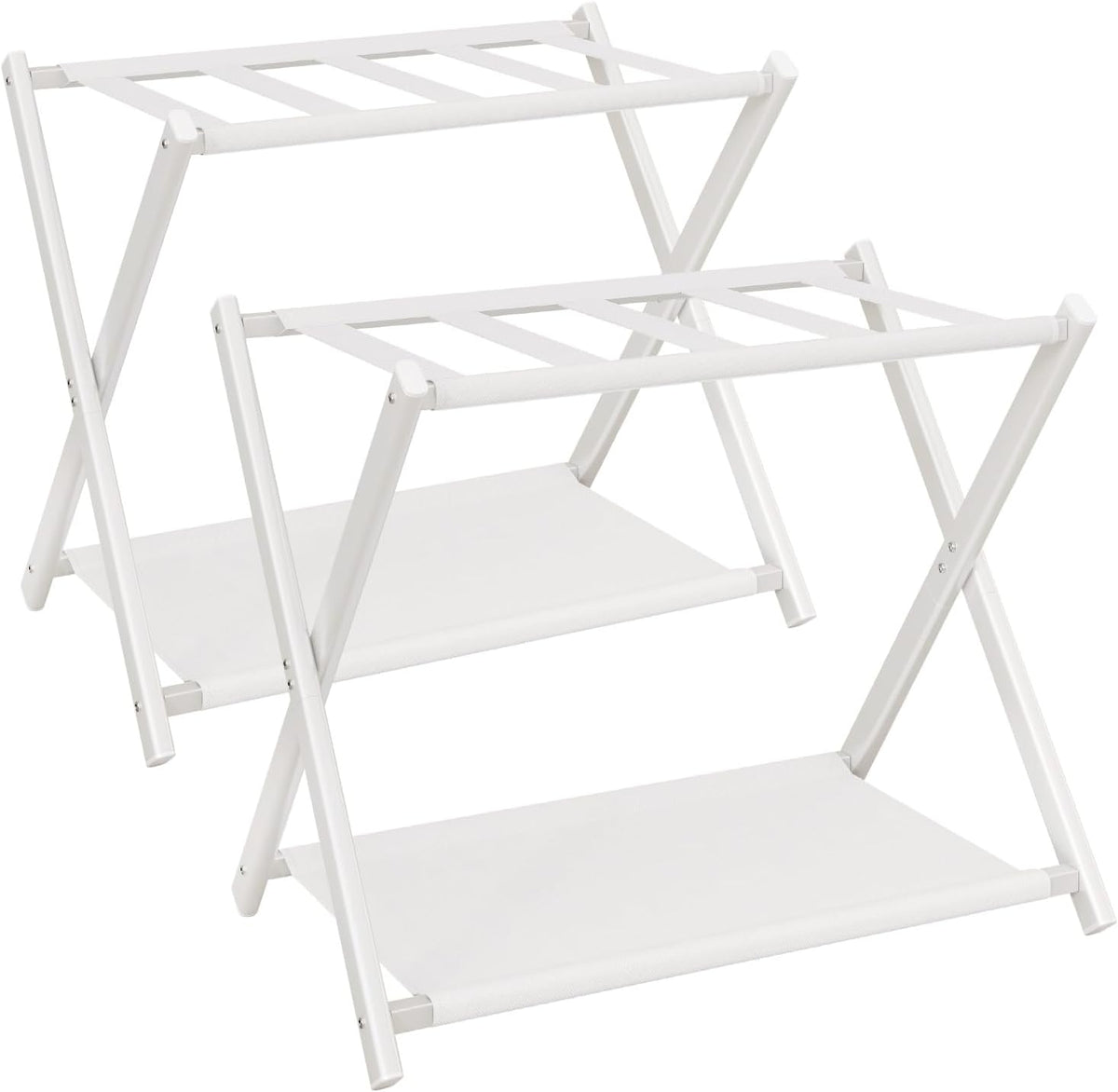 USADO-INCLUYE UNA SOLA UNIDAD-Portamaletas Plegable IBUYKE para Todo Tamano de Maleta | Soporte con Estante de Tela | Facil de Armar para Dormitorio, Sala y Hotel | Blanco TLR002W