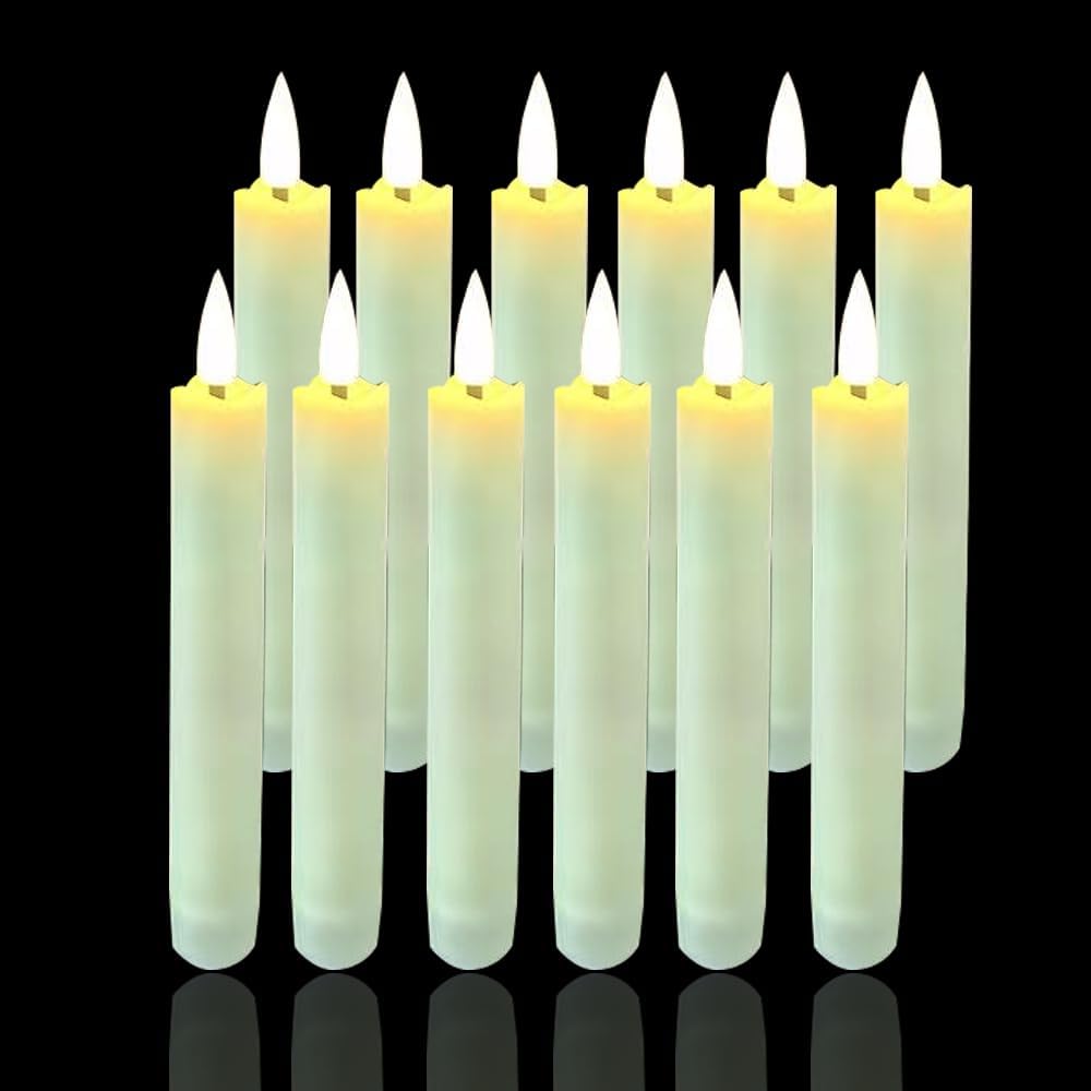 Paquete de 12 velas cónicas sin llama, funcionan con pilas, falsas, de 16 cm de largo, con luz LED, candelabros cónicos parpadeantes para bodas, Halloween y Navidad. No incluye control remoto.