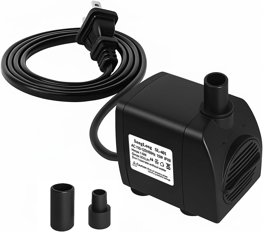 Bomba Sumergible SongLong 200 GPH 15W – Ultra Silenciosa, Protección Sobrecalentamiento, Elevación 5.2 Pies (1 Unidad)