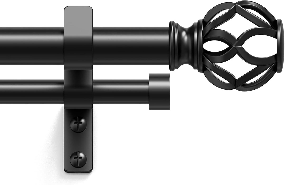 Barra Doble para Cortina 36-122 Pulgadas | Negra Telescopica Ajustable con Remates de Jaula Torcida de Aluminio | Todo Metal Uso Rudo