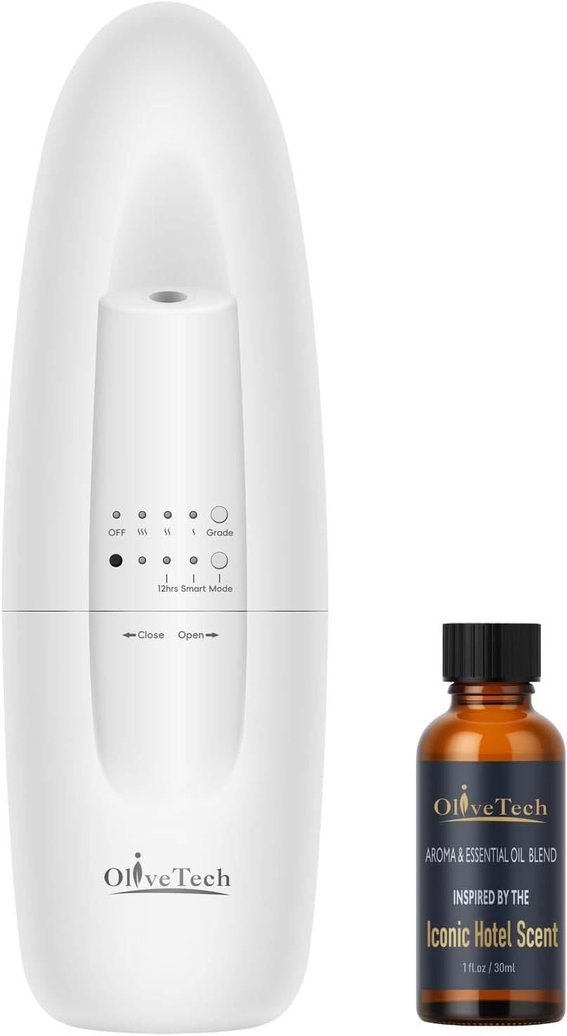 USADO-Difusor de Aromas Enchufable OliveTech | Sin Agua para Aceites Esenciales | Cubre Hasta 46 m2 | Colección Hotel | Con Aceite Esencial de 30ml Incluido