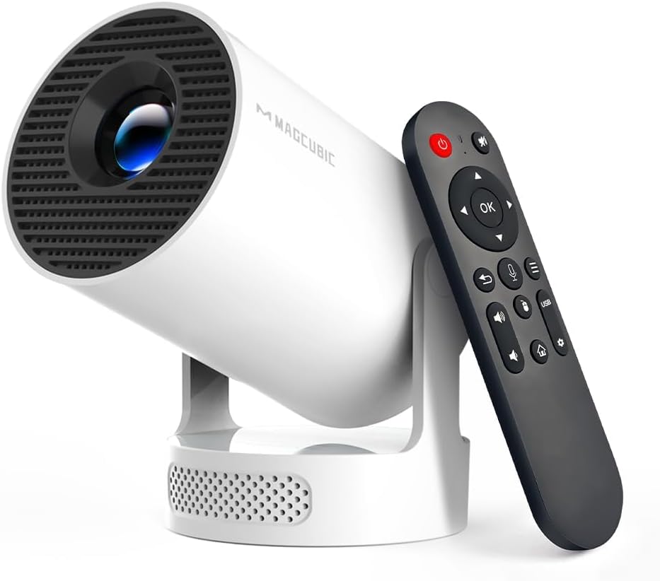 Proyector mini Magcubic con WiFi 6 y Bluetooth 5.4, proyector portátil compatible con 4K, altavoz Soundbase de 5 W, corrección trapezoidal vertical automática, proyector inteligente giratorio de 180° para cine en casa y exteriores.