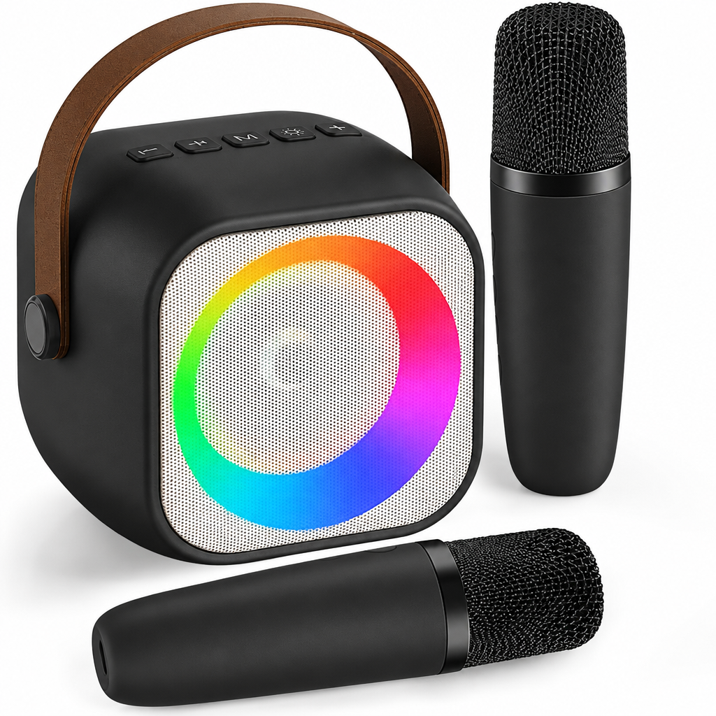 Mini máquina de karaoke, altavoz portátil Bluetooth con 2 micrófonos inalámbricos y luces para fiestas para niños y adultos, regalo de cumpleaños para niñas, niños y familias en casa #0160