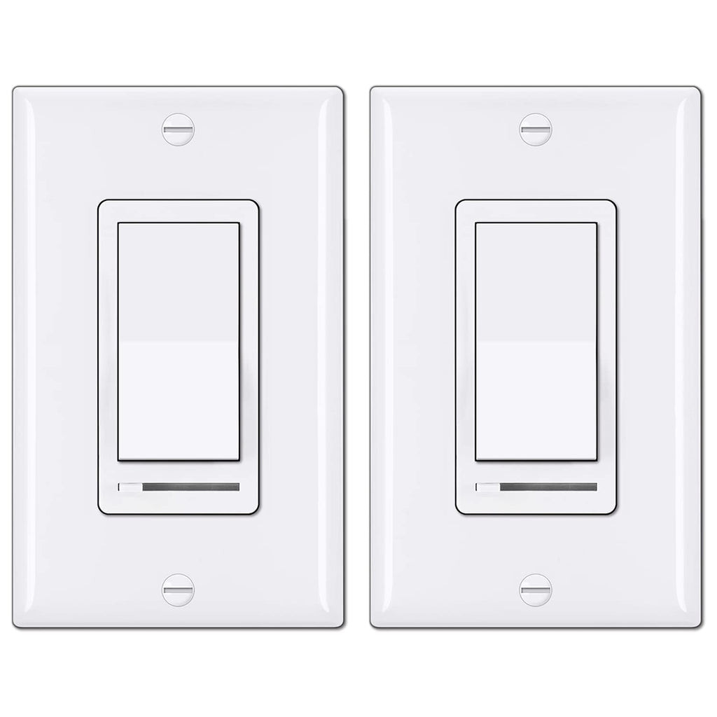 BESTTEN Interruptor Atenuador de Luz, Paquete de 2, Control Universal, Polo Simple o 3 Vias, Compatible con LED Regulable, CFL, Incandescente y Halogeno, Placa Incluida, UL, Blanco