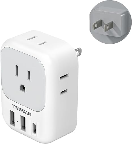 Adaptador de Enchufe TESSAN 2 a 3 Clavijas — 4 Tomas, 3 Puertos USB (1 USB-C), Para Viajes EE.UU. a Japón