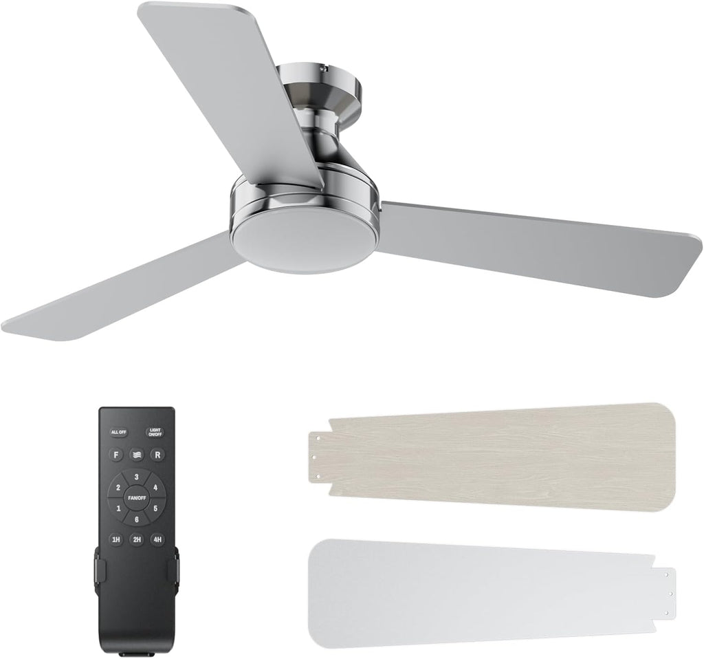 Abanico de Techo 42 Pulgadas con Luz LED y Control Remoto | Montaje Bajo, 3 Tonos de Luz | 6 Velocidades, Silencioso | Acabado Niquel para Sala y Recamara