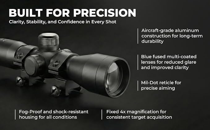 Mira para Rifle 4x32 con Retícula Mil-Dot y Base Incluida – Óptica Compacta de Aluminio Aeronáutico, Tubo de 1 Pulgada, Negro Mate
