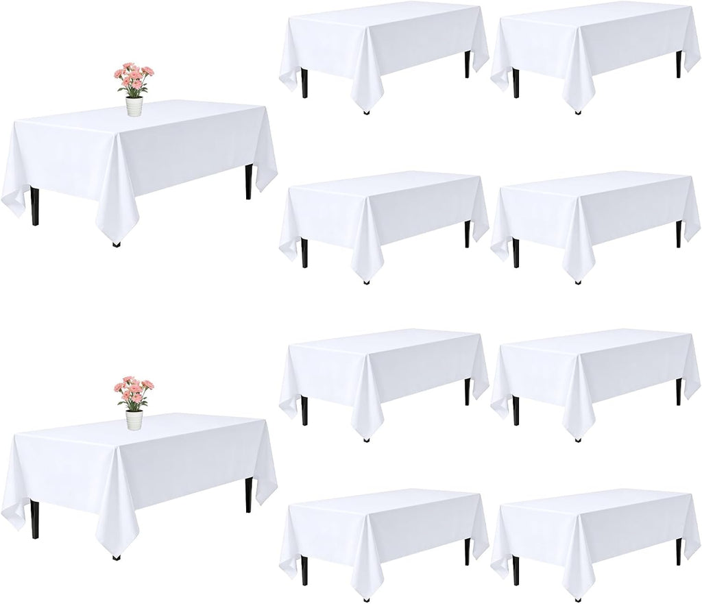 Paquete de 10 manteles blancos rectangulares de 60 x 102 pulgadas para mesas de 6 pies, resistentes a las arrugas, lavables, de tela de poliéster, ideales para fiestas, banquetes, bodas y buffets.