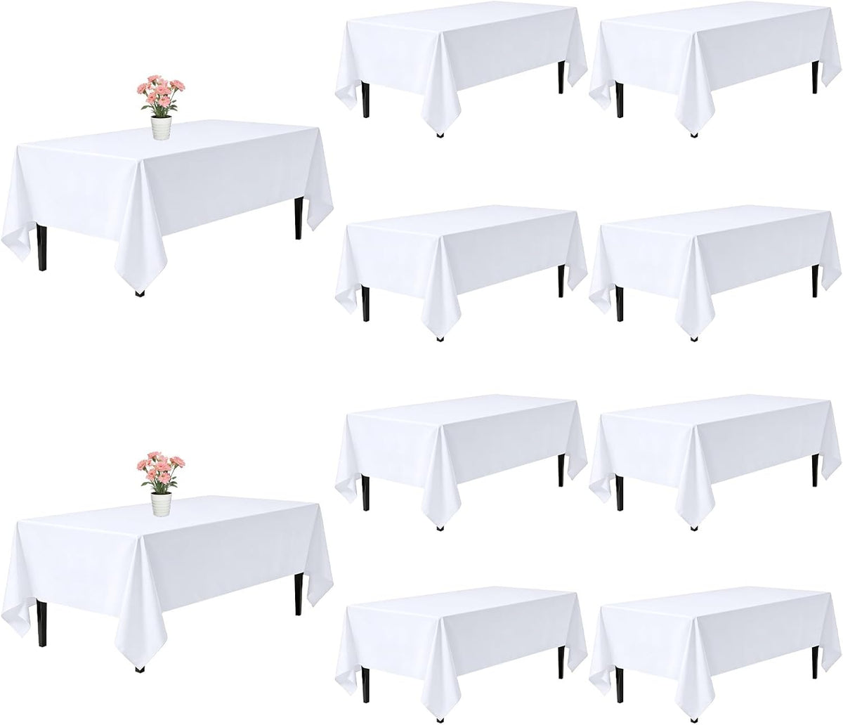 Paquete de 10 manteles blancos rectangulares de 60 x 102 pulgadas para mesas de 6 pies, resistentes a las arrugas, lavables, de tela de poliéster, ideales para fiestas, banquetes, bodas y buffets.