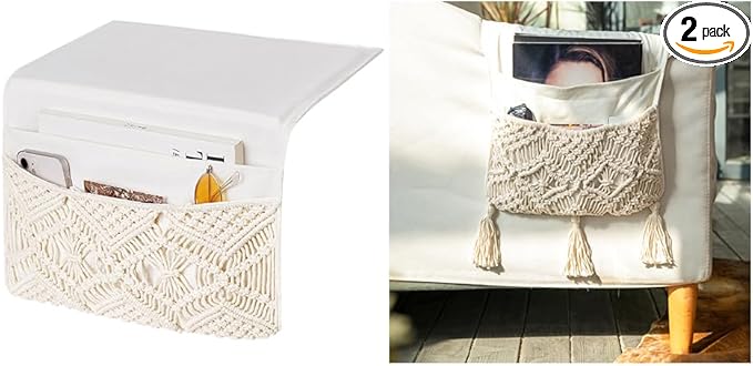 Mkono Organizador de almacenamiento de macramé, organizador de almacenamiento bohemio con control remoto para tableta, soporte para revistas para el hogar, dormitorio, sala de estar
