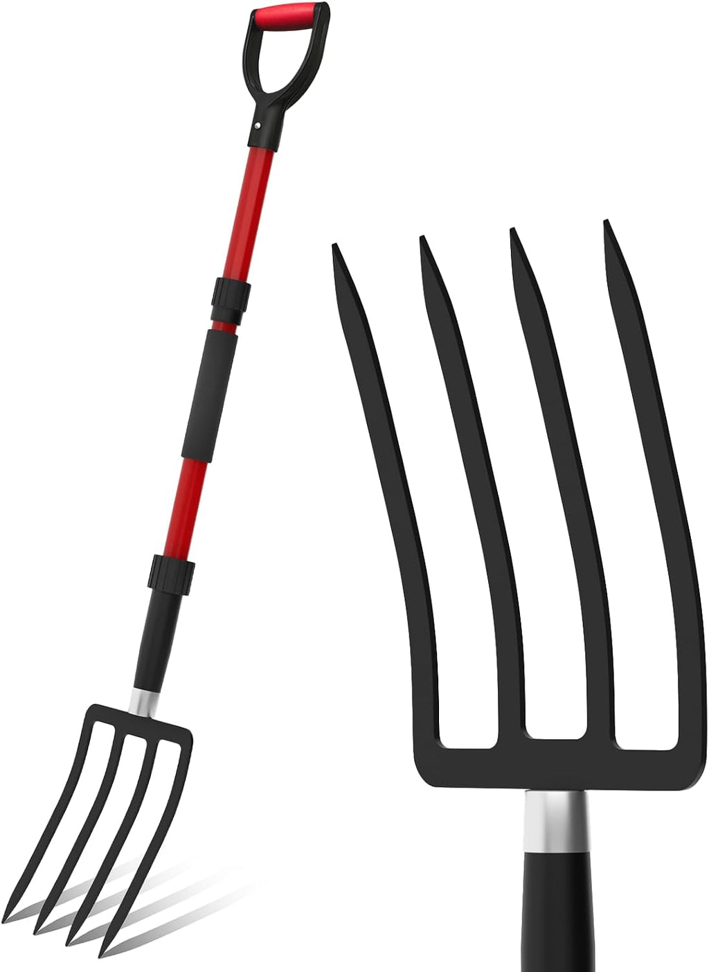 Horca de jardín COSITA, 112 cm (44 pulgadas) con mango de fibra de vidrio, horca de jardinería con 4 púas metálicas, horca resistente para estiércol, mantillo, excavación y aireación, color rojo.