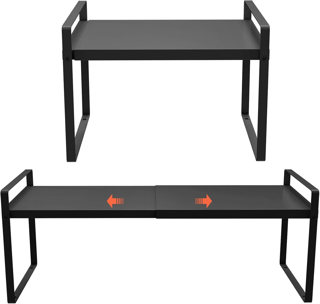 (Paquete de 2) Juego de organizadores de estantes para gabinetes de 28 cm (11"), estantes expandibles de 35,5 cm a 63,5 cm (14" a 25") para gabinetes y alacenas de cocina, perfectos para guardar platos o pequeños electrodomésticos.