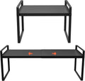 (Paquete de 2) Juego de organizadores de estantes para gabinetes de 28 cm (11"), estantes expandibles de 35,5 cm a 63,5 cm (14" a 25") para gabinetes y alacenas de cocina, perfectos para guardar platos o pequeños electrodomésticos.