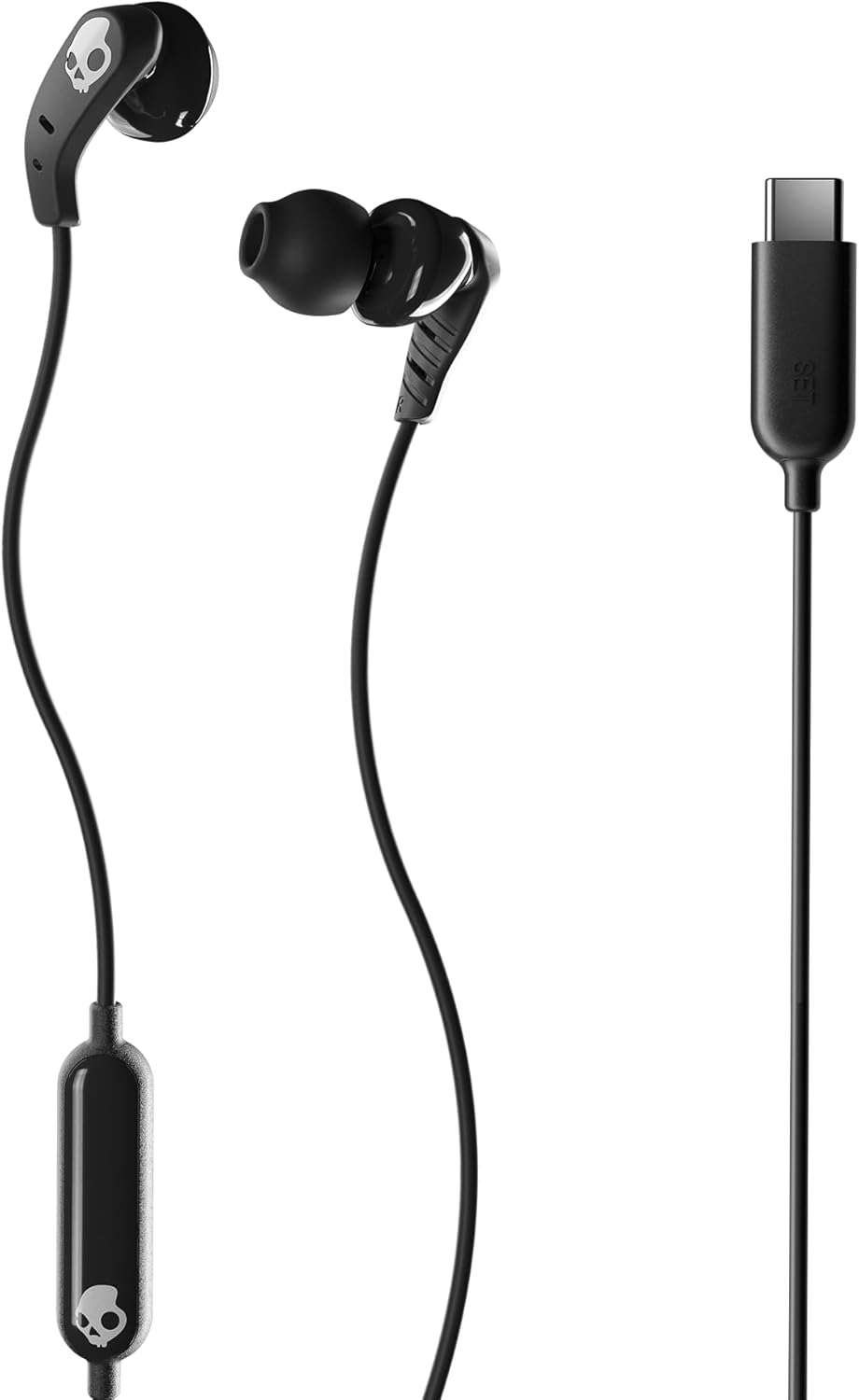 Audífonos Skullcandy Set con cable USB-C, aislamiento de ruido, micrófono integrado, control de llamadas y seguimiento para iPhone y Android. Incluye geles de diferentes tamaños para un ajuste personalizado. Negro puro. 