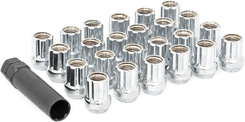 USADO-Set de 32 Tuercas de Rin Rough Country | Rosca M14x1.5, Estilo Acorn Abombado Cromado | Tuercas de Extremo Abierto con Llave de Dado | Resistentes a la Corrosión para Rines Aftermarket