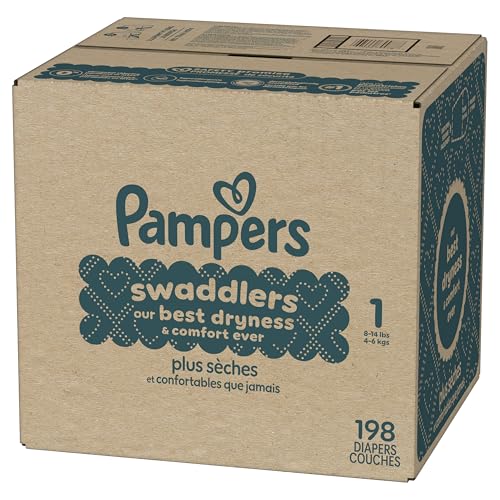 Pañales Pampers Swaddlers, Talla 1 (8-14 libras), 198 unidades, absorbentes, mantiene al bebé seco y cómodo, pañal desechable seguro para la piel