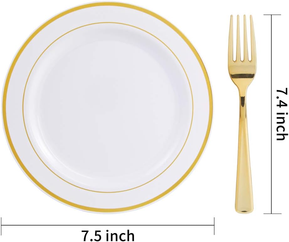 Set 204 Piezas Cubiertos y Platos Plástico Dorado | 102 Tenedores + 102 Platos Ensalada 7.5" | Fiestas y Eventos