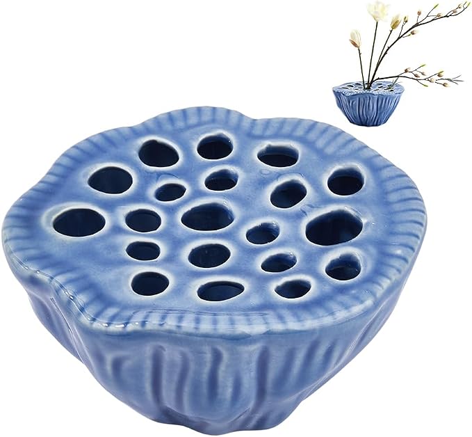 Jarrón de cerámica con forma de rana, jarrón para arreglos florales con forma de cápsula de loto, jarrón de cerámica Kenzan de 14 cm de largo, color azul, ideal para arreglos florales, decoración de sala de estar y dormitorio, centro de mesa para bodas.