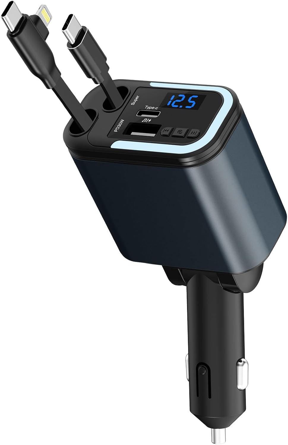 Cargador de coche retráctil 5 en 1 de 120 W con carga rápida en 30 minutos, transmisor FM Bluetooth inalámbrico, adaptador de cargador de coche tipo C + USB-A, compatible con iPhone 17/16/15/14/13 Pro Max y dispositivos Android.