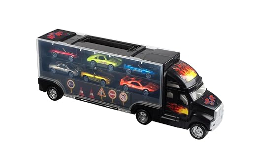Camión transportador de coches de juguete Big Mo's Toys - Con 6 elegantes coches de carreras de metal - Con estuche de transporte, para niños, surtido