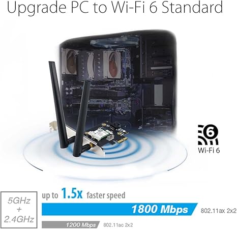 ASUS Adaptador WiFi PCIe AX1800 (PCE-AX1800) - WiFi 6, Bluetooth 5.2, latencia ultra baja inalámbrica, 2 antenas externas, compatible con velocidad total de datos de hasta 1800 Mbps, seguridad de red