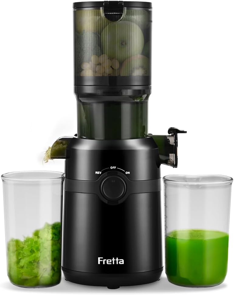 SIN UN ESTEREOFON EN CAJA NI CEPILLO LIMPIADOR. Extractor de Jugos Fretta de Prensado en Frío | Compacto con Material PCTG Libre de BPA | Apto para Frutas y Verduras Enteras | Fácil de Limpiar | Negro 1.0L