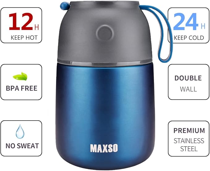 MAXSO Termo de Sopa para Alimentos Calientes y Fríos para Adultos y Niños, Contenedor de Almuerzo de Acero Aislado al Vacío de 17 oz Caja Bento con Cuchara, Frasco Térmico de Alimentos