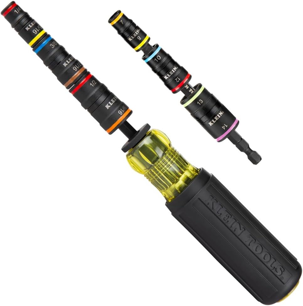 Juego de llaves de impacto métricas Klein Tools 80192 y juego de llaves de impacto SAE, kit 7 en 1 y 6 en 1 con mango, 12 destornilladores hexagonales codificados por colores, compatible con destornilladores de impacto de conexión rápida.