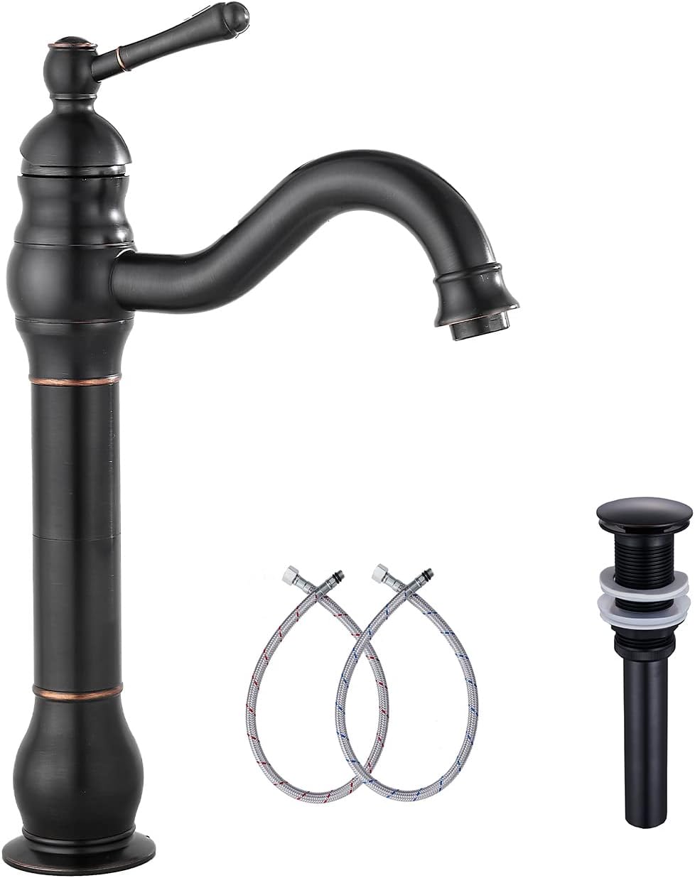 Grifo para lavabo de baño GGStudy con un solo orificio y giro de 360°, desagüe emergente sin rebosadero, bronce aceitado. 