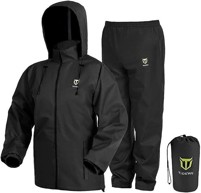 Traje de lluvia TIDEWE, impermeable, transpirable, ligero, 2 piezas | Sealed seams, Adjustable hood cuffs and waist, High-density fabric, Fishing, Outdoor work, Hunting, Hiking, Storage bag.Talla M