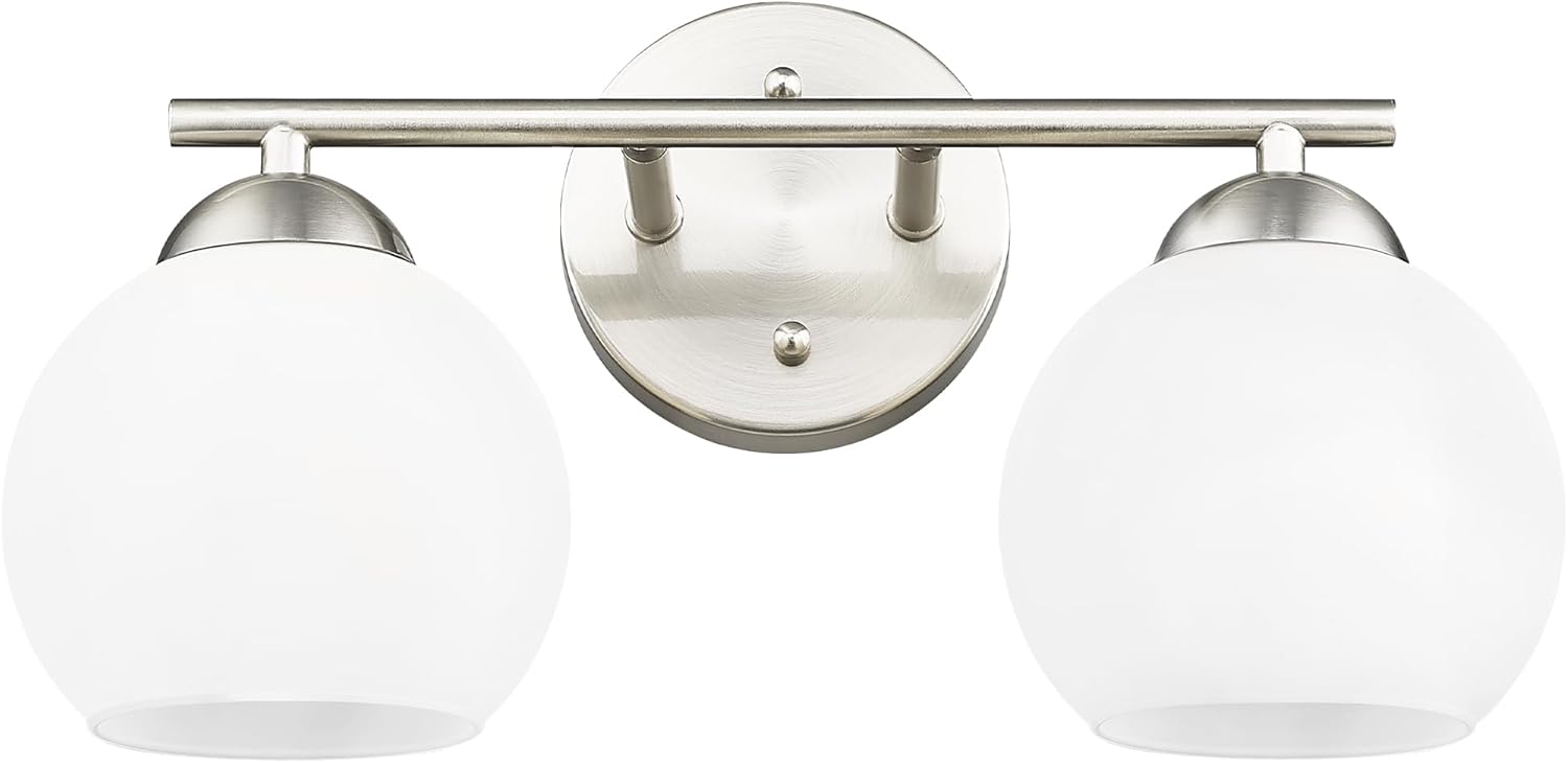 Emak Modern Globe Vanity Lights, Brushed Nickel Bathroom Light Fixtures, 2-Light Bathroom Vanity Light with Milk Glass Shade, VL114