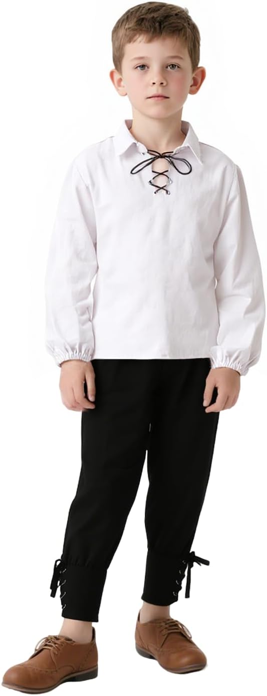Camisa Medieval con Cordones para Niños – Manga Larga Estilo Pirata y Renacimiento para Halloween y Disfraz