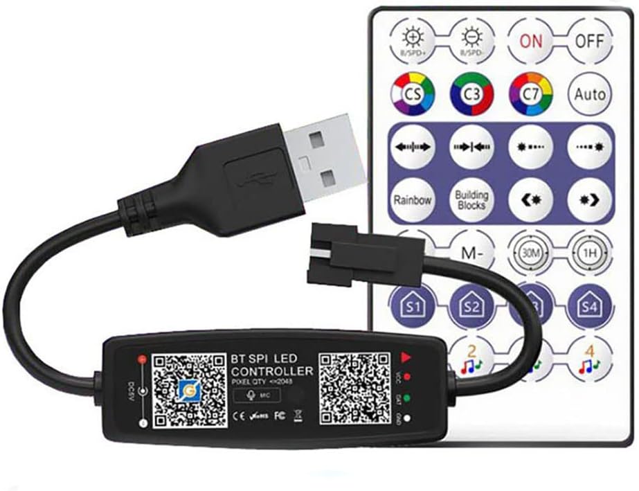 Vrabocry Controlador LED Bluetooth WS2811/WS2812B con Micrófono y Control Remoto 28 Teclas – USB 5V