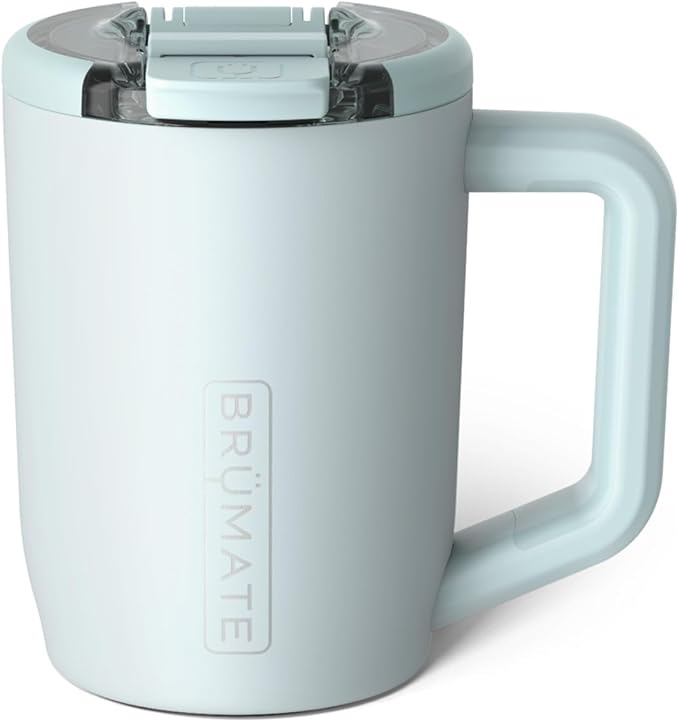 ⚠️ NOTA IMPORTANTE: PRESENTA USO, NO AFECTA SU FUNCIONAMIENTO Y RASPADURA EN LA AGARRADERA | BrüMate Müv – Taza de Café de Viaje 15oz | 100% Antiderrame | Acero Inoxidable Doble Pared | Con Asa y Tapa | Color Azul Agave