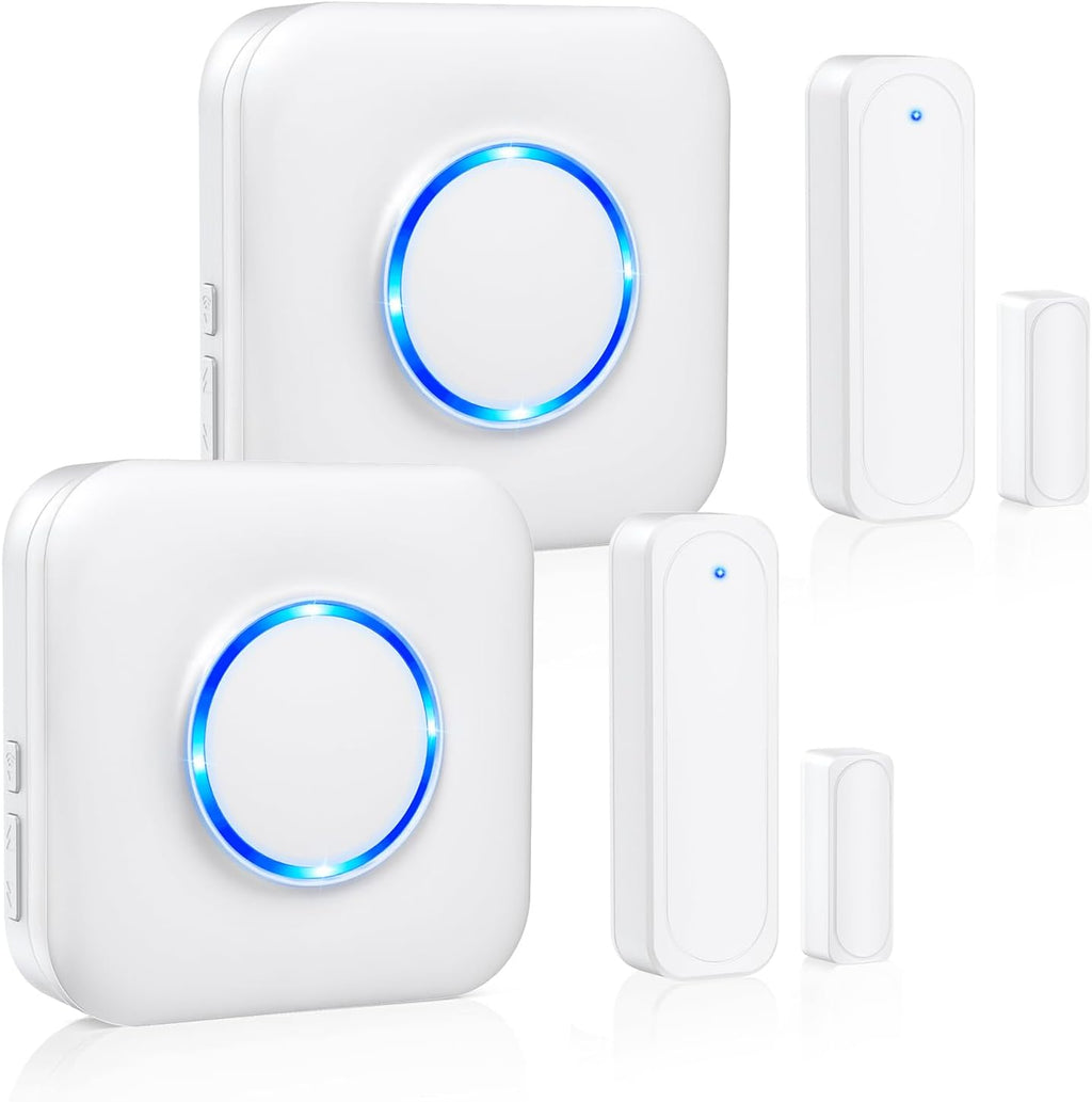 Timbre de Puerta, Alarma de Sensor Contacto Puerta Abierta Inalámbrica Satisure con Alcance de 183 m, 58 Timbres 5 Niveles de Volumen Indicadores LED (2 Receptores y 2 Sensores)
