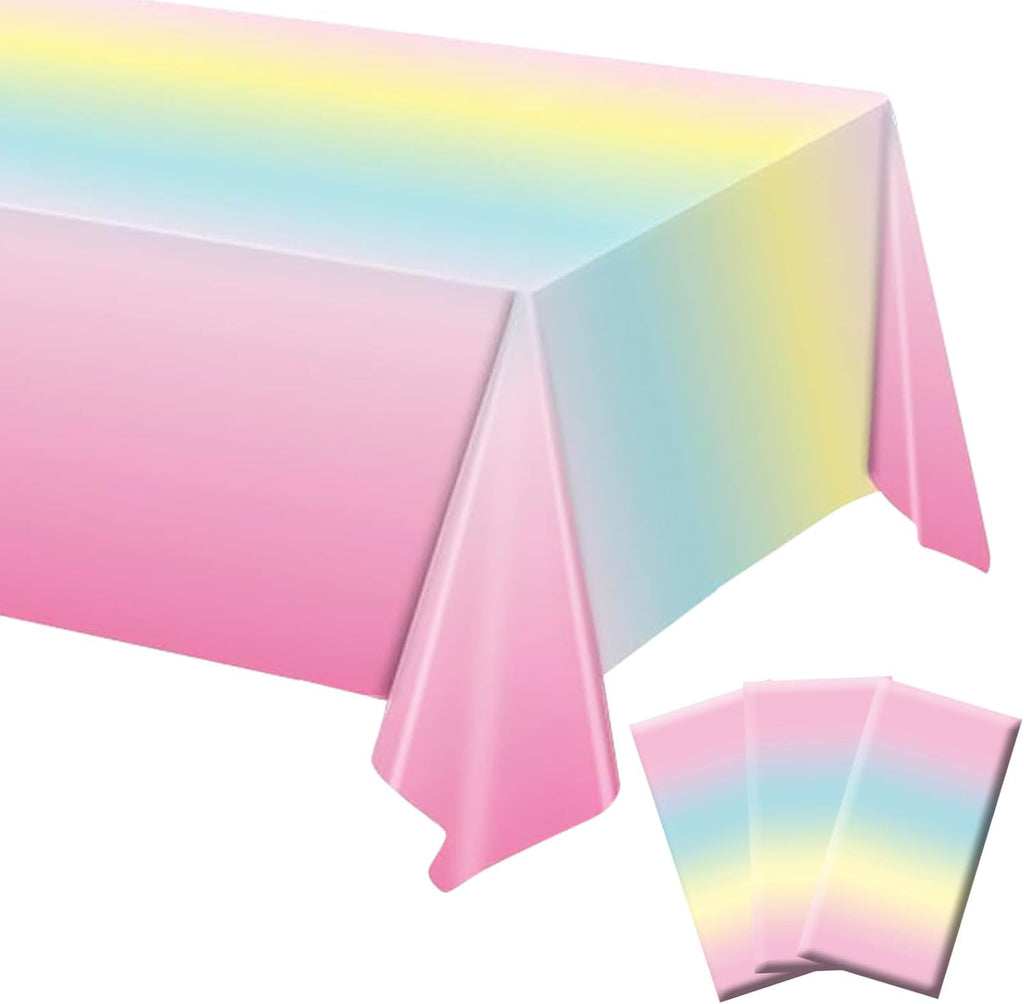 BHEYA Paquete de 3 manteles arcoíris, manteles pastel para fiestas, mantel de plástico Princesa Arcoíris, mantel desechable colorido para fiestas de cumpleaños, decoraciones de fiestas de cumpleaños pastel, 54 x 108 pulgadas