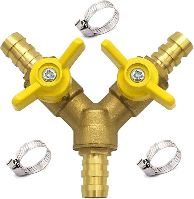 Válvula de Bola 3 Vías Hooshing Latón 3/8" Manguera Barb — 2 Interruptores en Y, Pack de 2 Unidades
