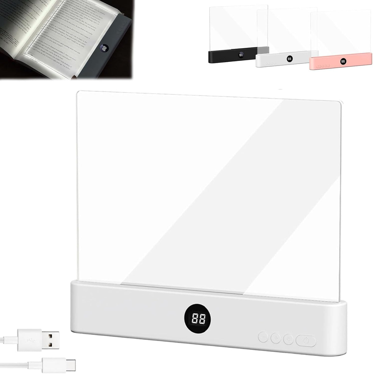 Lámpara de lectura LED recargable, plana y transparente, con 3 colores y temporizador, regulable para leer de noche, con panel para dibujar y luz de página completa, ideal para amantes de los libros (blanca).