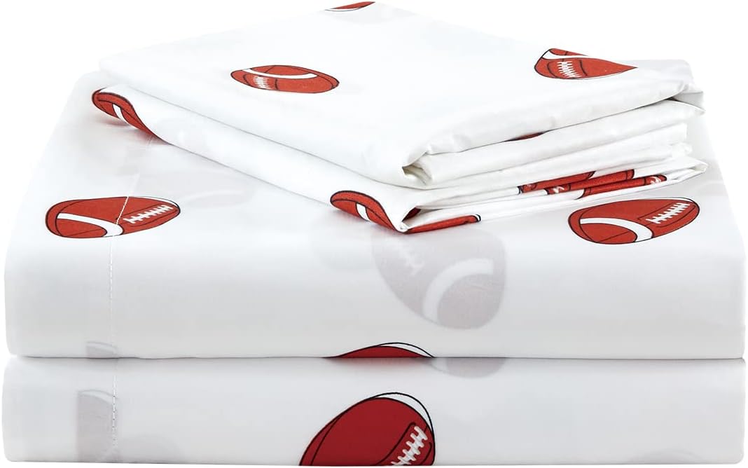 Chezmoi Collection 4-Piece Kids/Teens Sports Sheet Set - Soft Microfiber White Brown Football, Full Size