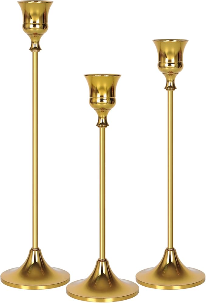 Candelabros dorados – Portavelas cónicos vintage con velas de metal para recepción, decoración de cena, ceremonia de boda, fiesta de decoración del hogar