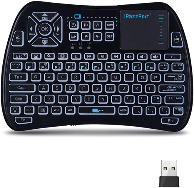 Miniteclado iPazzPort Bluetooth (aprendizaje IR), ratón táctil, control remoto inalámbrico retroiluminado de 2,4 GHz para tabletas, Smart TV, Fire Stick y Android TV Box KP-61SM (Bluetooth y 2,4 GHz) 