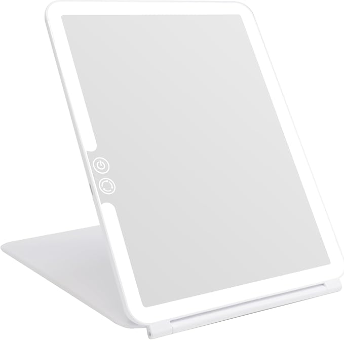 deweisn Espejo de maquillaje plegable iluminado con 72 LED, 3 modos de luz de colores, recargable por USB, baterías de 1800 mA, portátil, ultra delgado, compacto, espejo de tocador regulable, espejo