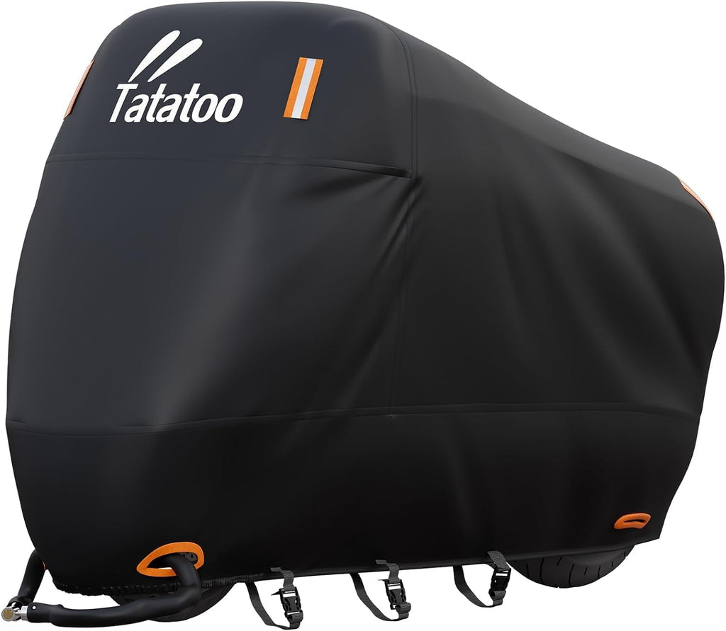 Funda impermeable para motocicleta TATATOO, resistente al agua, 300D, resistente a los rayos UV y a la lluvia, cortavientos con 3 hebillas, se adapta a la mayoría de motocicletas, cruisers, deportivas, motos de cross y scooters de hasta 96,5" (tamaño XXL)